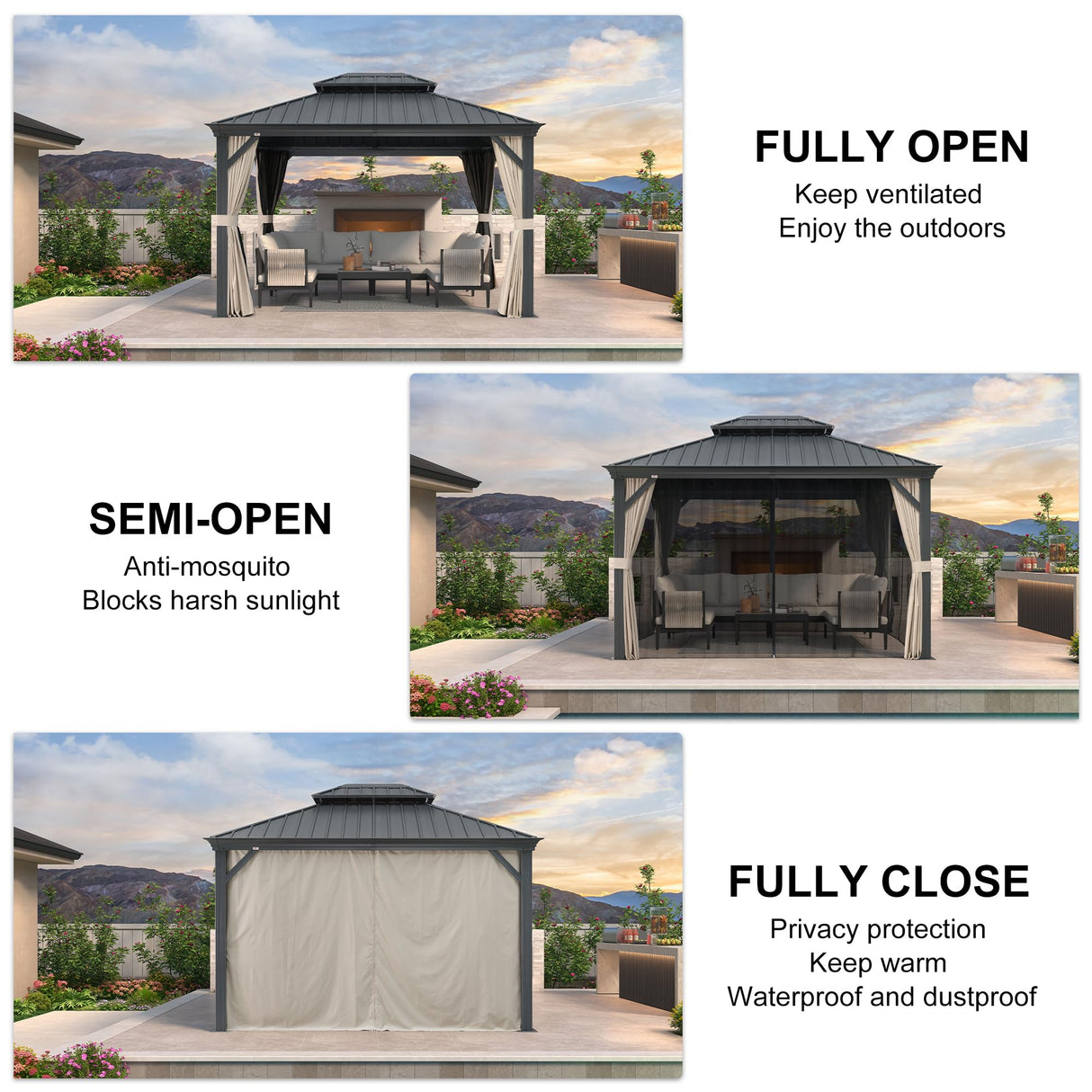 PURPLE LEAF 10' X 12' Hardtop Gazebo with Galvanized Steel Double Roof Outdoor Gazebos for Patio Lawn and Garden Included Netting and Beige Curtains PURPLE LEAF