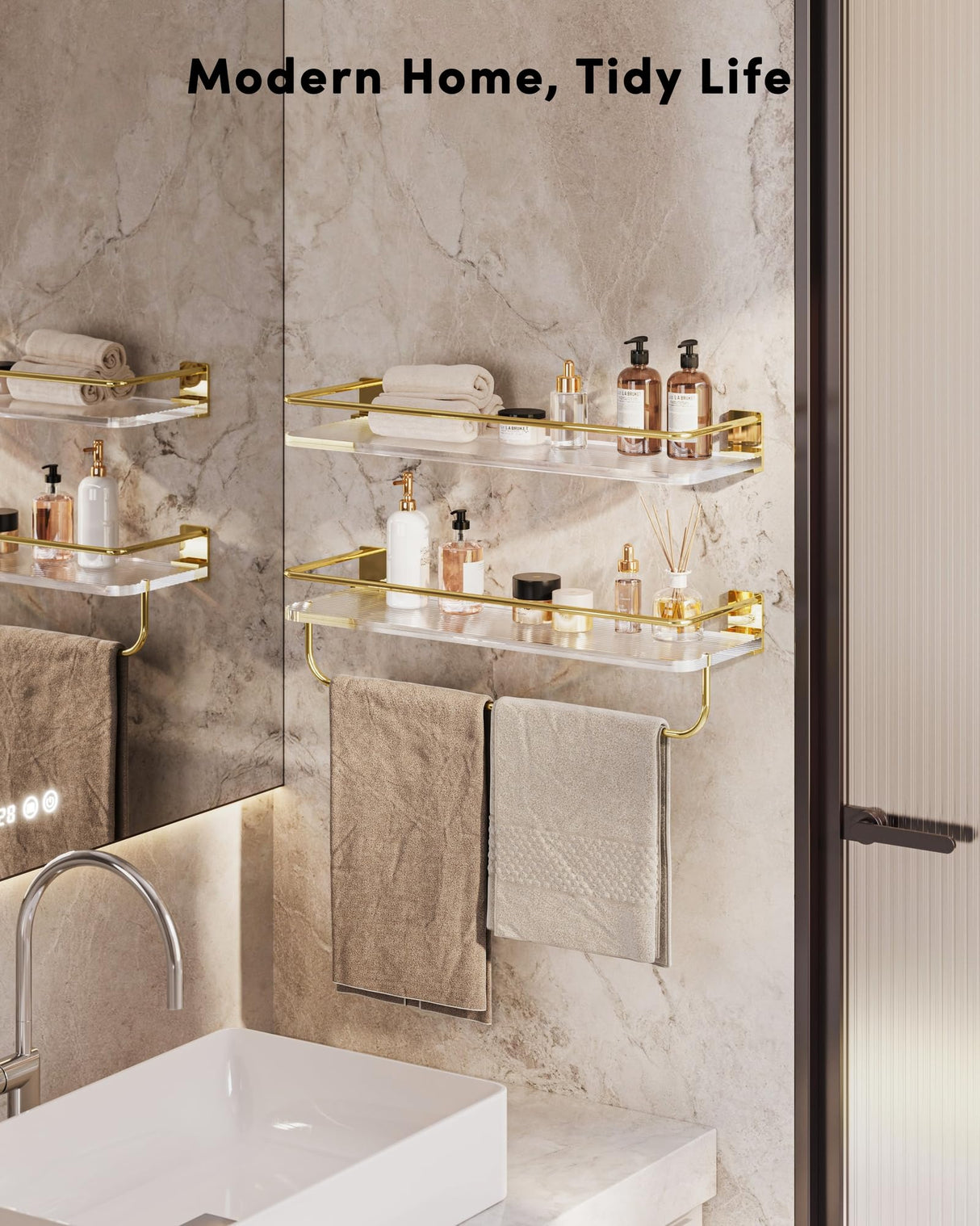 Onlysky Adhesive Bathroom Shelves, Acrylic Floating Bathroom Shelves, Rental Friendly Wall Shelf No Drill (Gold, 15.7 Inches) Onlysky