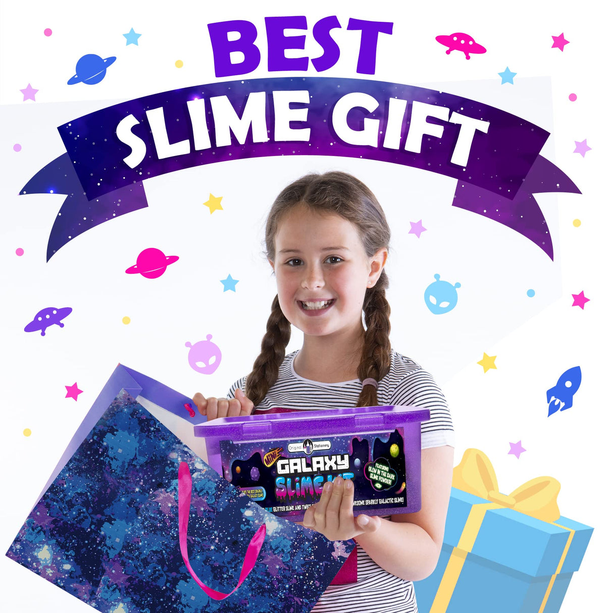 Original Stationery Galaxy Slime Kit & Maker Set with Glow in The Dark Stickers - Dark Powder for Glitter & Cosmic Slime, Fun Kit for Girls 8-12 Original Stationery
