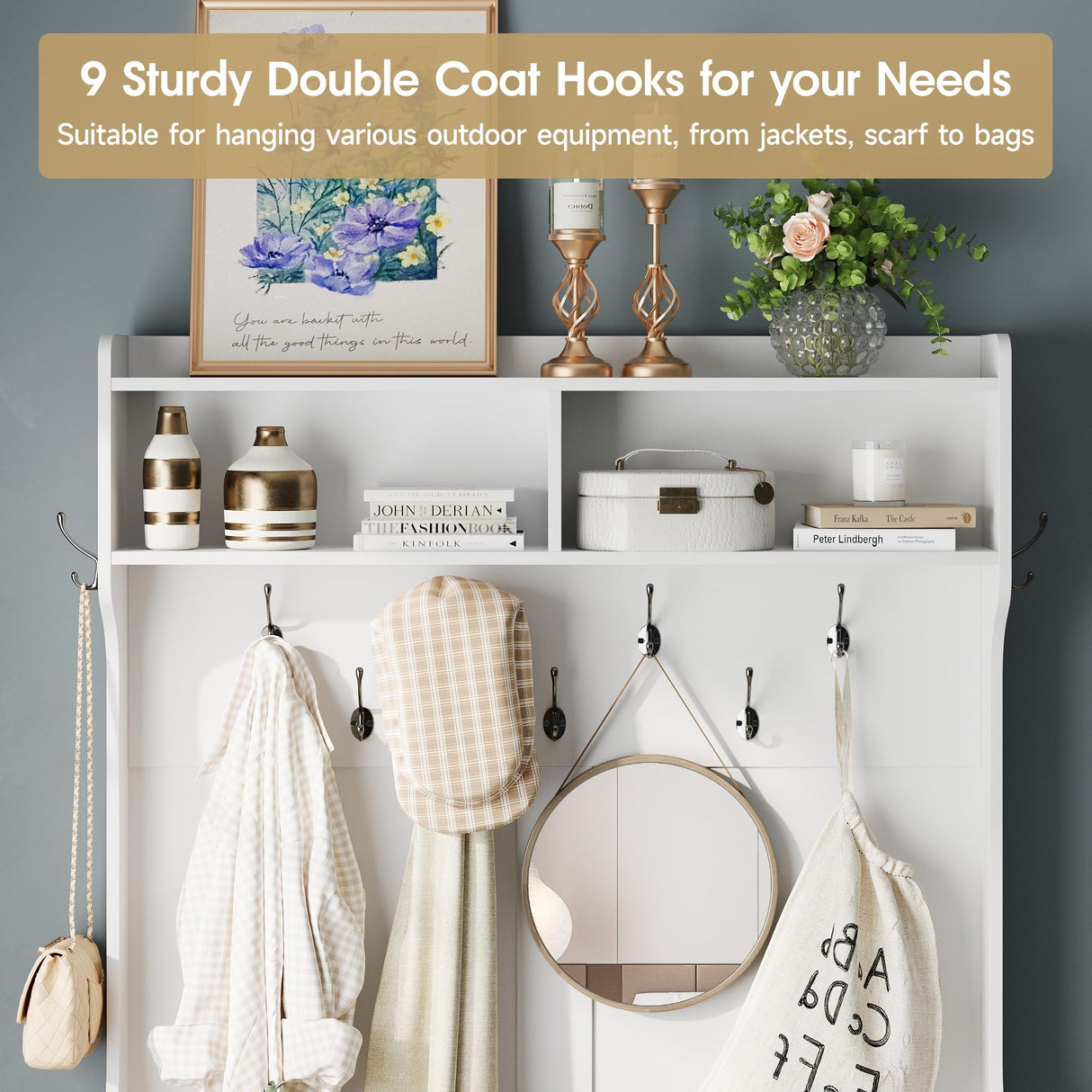 Maupvit 77" White Entryway Hall Tree, 4-in-1 Wood Coat Rack with 9 Hanging Hooks & Storage Bench, Shoe and Coat Rack, 18 Shoe Cubbies Home Organizer for Hallway Front Door Entrance Maupvit