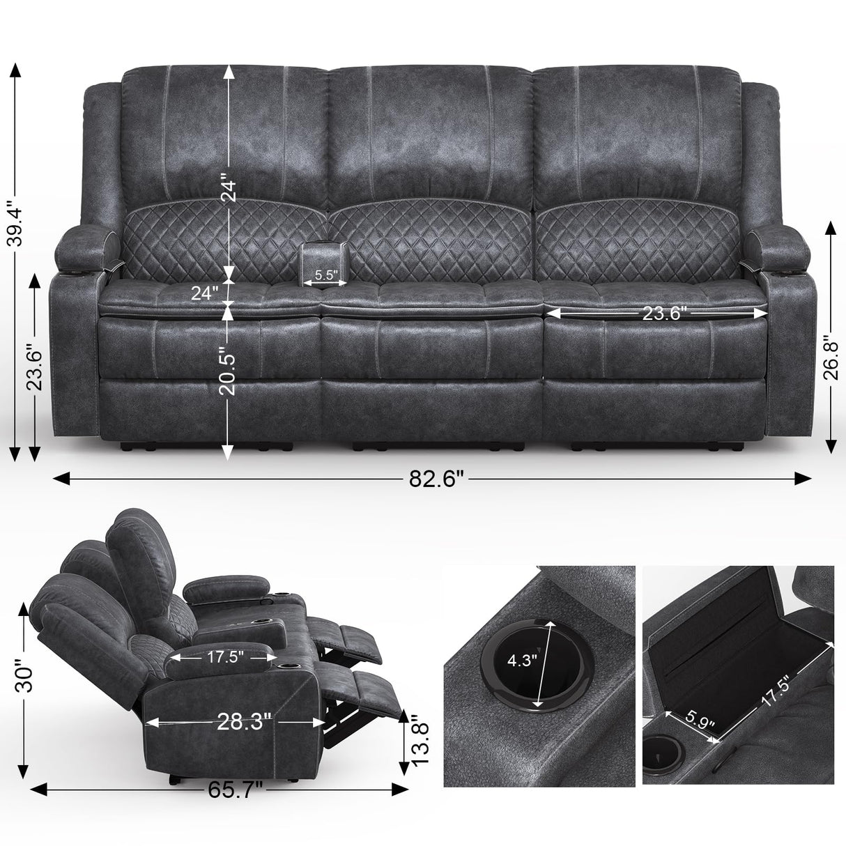 Yolsali 3-Seater Recliner Sofa, Manual Reclining Couch with Multi-Functional Middle Seat, Reclining Sofa for Living Room with Hidden Storage Space, Cup Holders, and Removable Console - Grey Yolsali