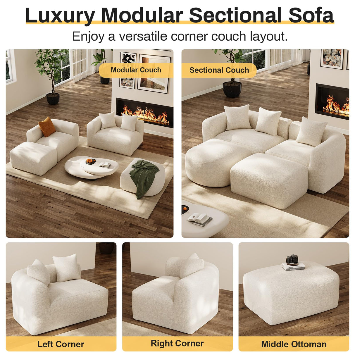 OUYESSIR Modern Oversized Curved Sectional Sofa for Living Room, 119" Luxury Plush Chenille Convertible Modular Sectional Sofas with Ottoman,Minimalist L-Shape Curved Cloud Couch, Cream White OUYESSIR