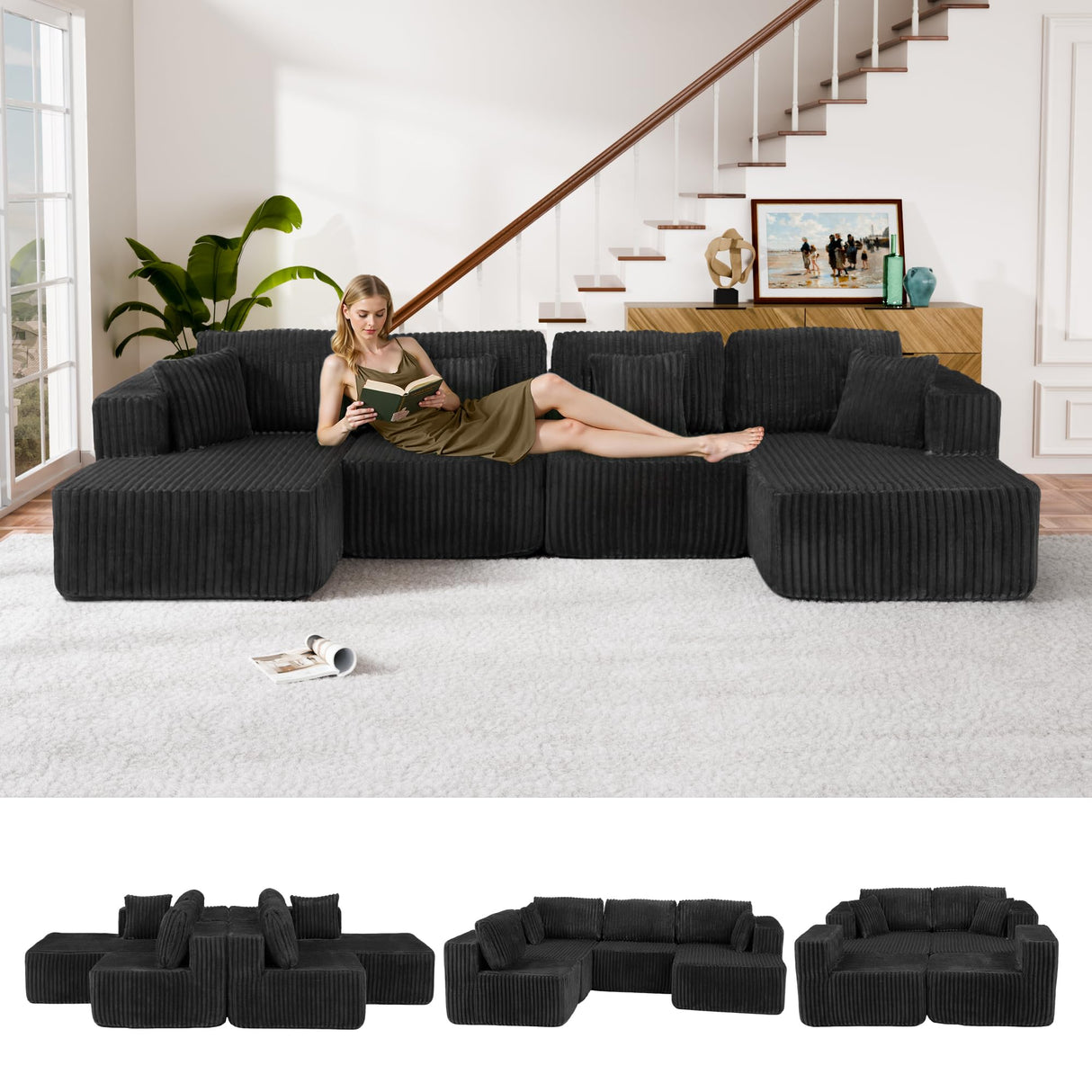 Trygoal 132" U Shaped Couch, Modular Sectional Sofa with Chaise, Corduroy U Shaped Boneless Couch with Deep Seat, Upholstered Modular Cloud Sofa for Living Room, No Assembly Required, Black Trygoal