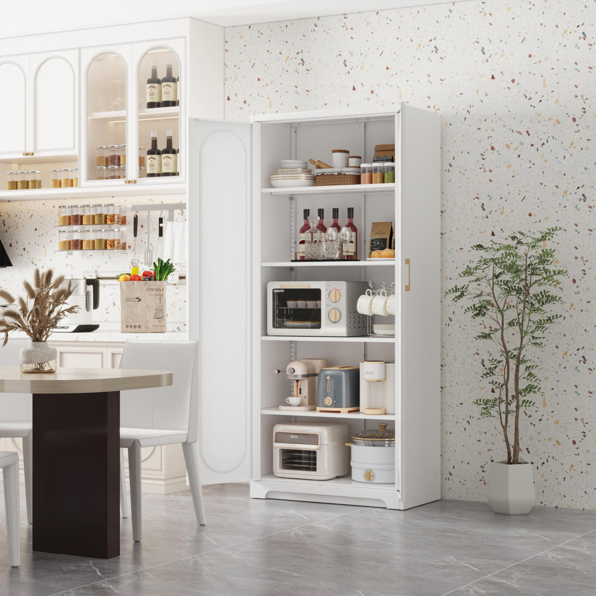 Metal Storage Cabinet with 4 Adjustable Shelves, 71" Tall Kitchen Storage Cabinet with Gold Handles, White Pantry Cabinets, Storage Cabinets for Home Office, Living Room, Hallway - Assembly Required MetalMax