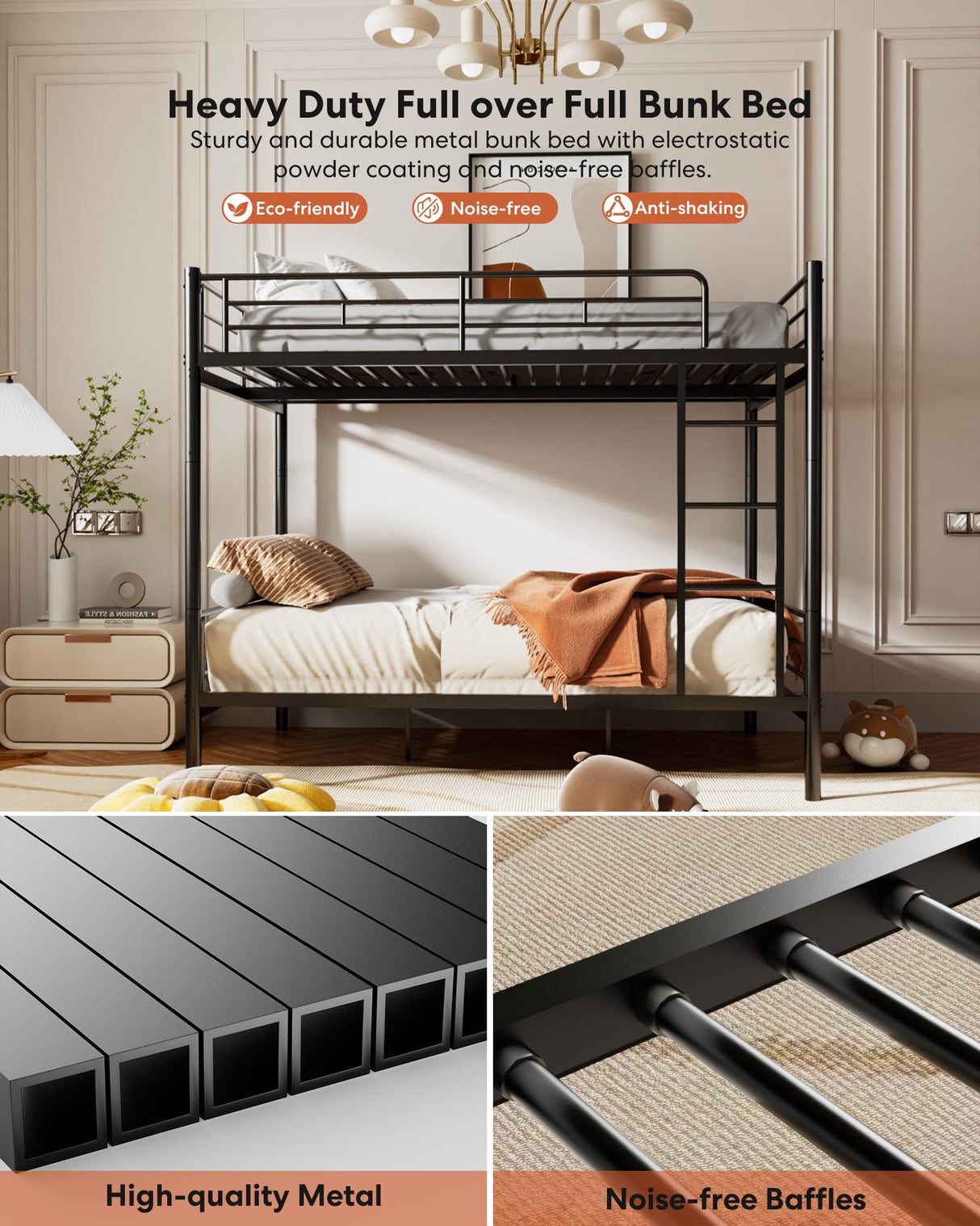 Miscoos Full Over Full Metal Bunk Bed for Kids, Convertible into 2 Separate Full Beds, Heavy Duty Bunk Bed Frame with High Guardrail and Built-in Ladder, No Box Spring Needed, Noise Free, Black Miscoos