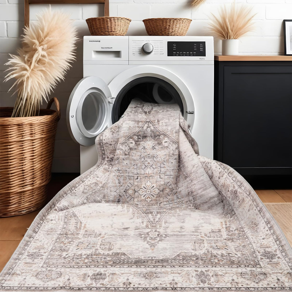 Washable Living Room Area Rug:8x10 Bedroom Rugs - Farmhouse Distressed Printed Floral Carpet - Foldable Non-Shedding Floor Carpet for Dining Room 8'x10' Beige YOUFORTONG