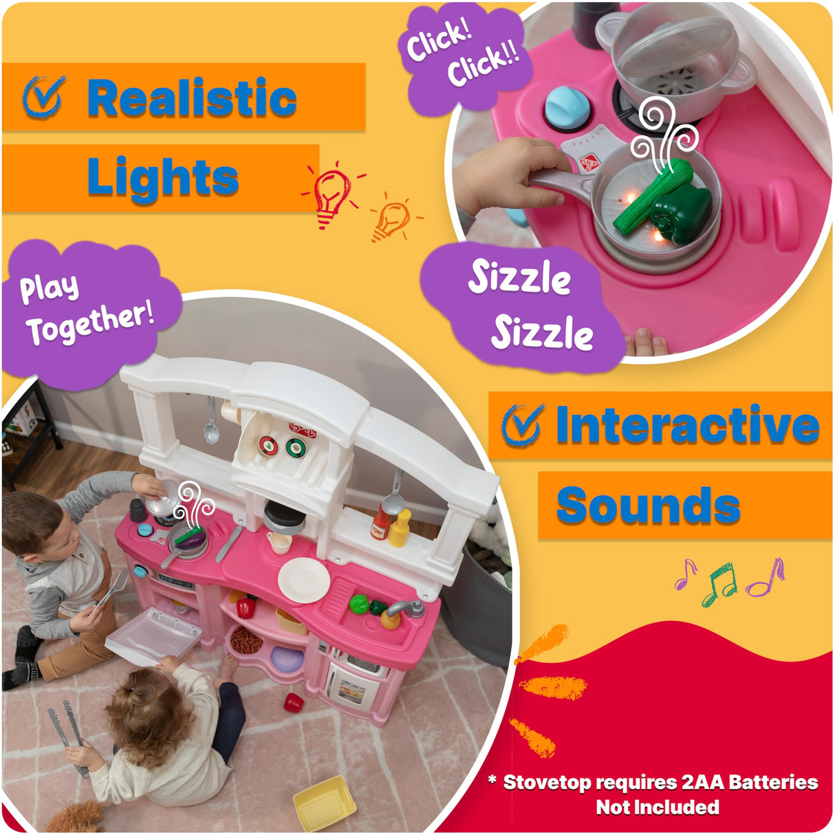 Step2 Fun with Friends Kids Kitchen Playset, Indoor/Outdoor Kitchenette, Interactive Play with Lights and Sounds, Durable Plastic, Includes 25 Piece Toy Accessories, Toddlers 2+ Years Old, Pink Step2