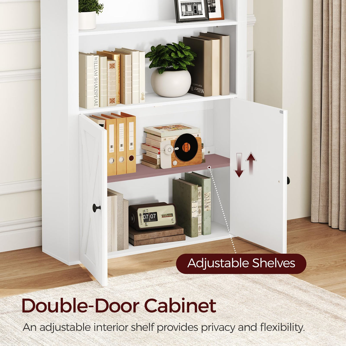 MAHANCRIS 6-Tier Bookshelf, 70.9'' Farmhouse Arched Bookcase with Cabinet, Freestanding Engineered Wood Display Bookshelf, with Adjustable Shelves, for Living Room, Study, Kitchen, White BKWT2501 MAHANCRIS