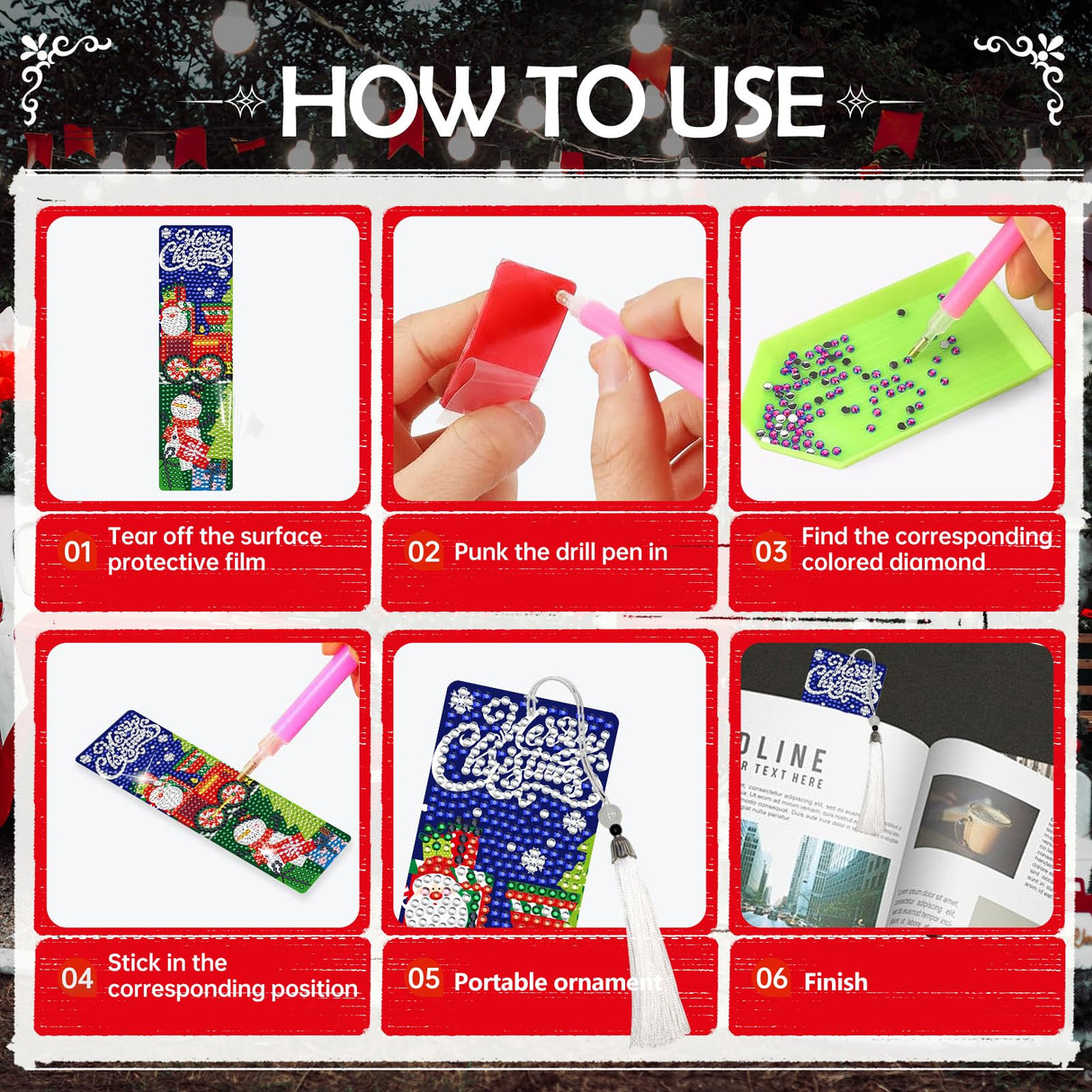INCOK Christmas Diamond Painting Bookmarks - 6 PCS Diamond Art Bookmarks Set with Tessel DIY Santa Claus Snowman Christmas Tree Reindeer Gem Art Craft Funny Merry Xmas Gift for Book Lover Students INCOK