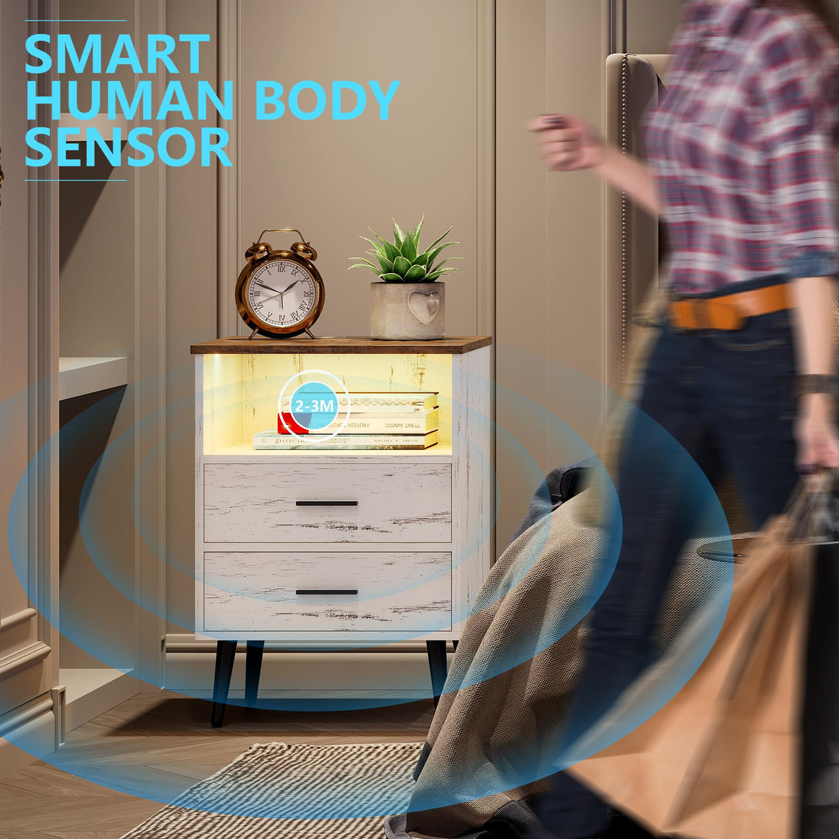 LVSOMT White Nightstand with Charging Station and LED Lights, Modern Bedside Table Smart Night Stand, End Side Table with 2 Drawers, Open Storage Shelf, USB Port for Bedroom LVSOMT