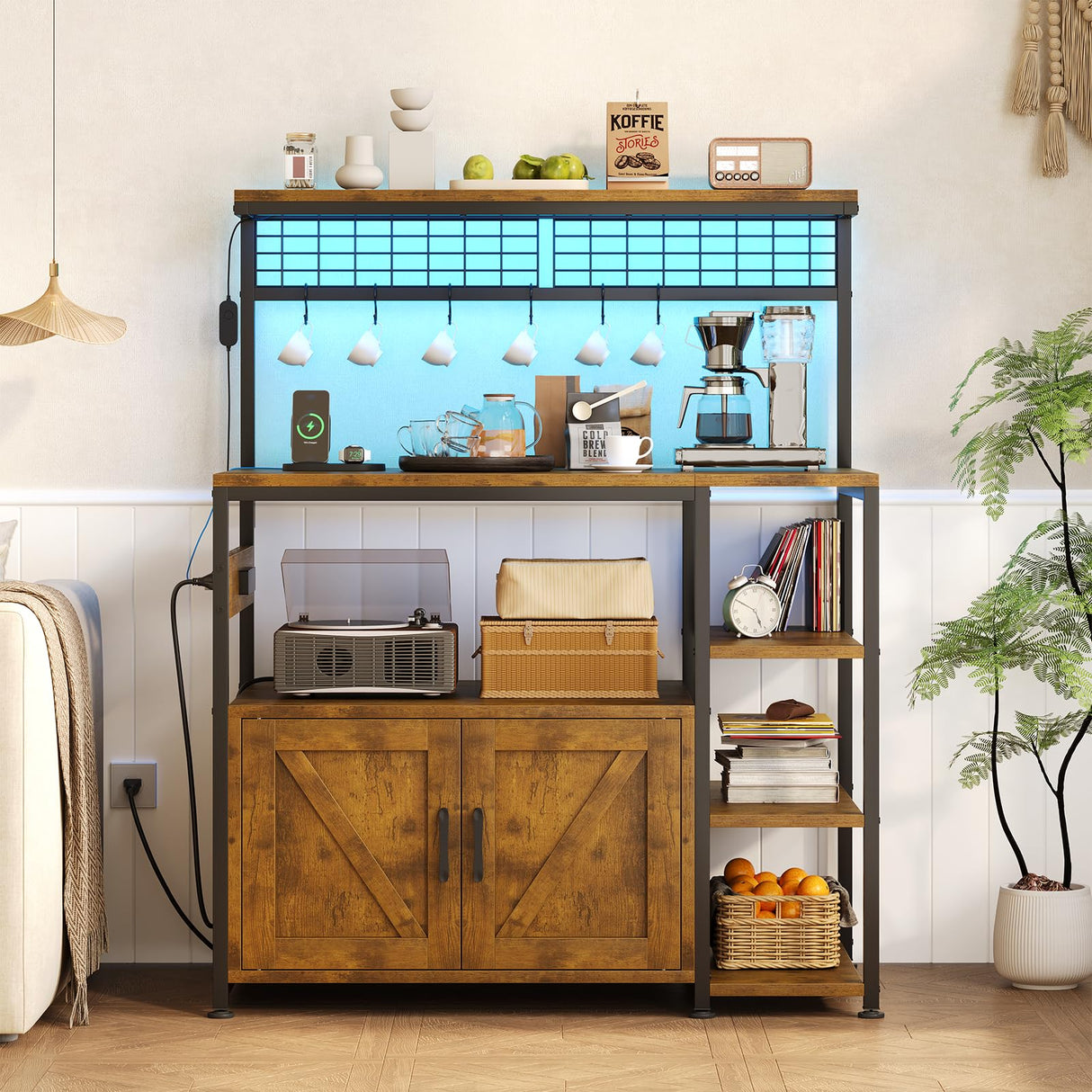 TVU Bakers Rack with Power Outlet and LED Light, Microwave Stand with Storage Cabinet, Coffee Bar Cabinet Station with 6 Hooks for Kitchen, Dining Room, Living Room, Coffee Bar, Rustic Brown TVU