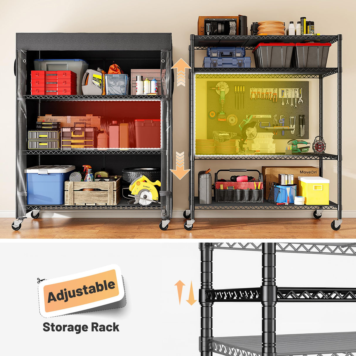 REIBII 4-Tier Storage Shelves Wire Shelving Unit with Cover & Wheels, Heavy Duty Metal Shelving for Dorm Storage Shelves, Garage Storage Rack Commercial Shelf, 36" W*14.3" D*56.5" H REIBII