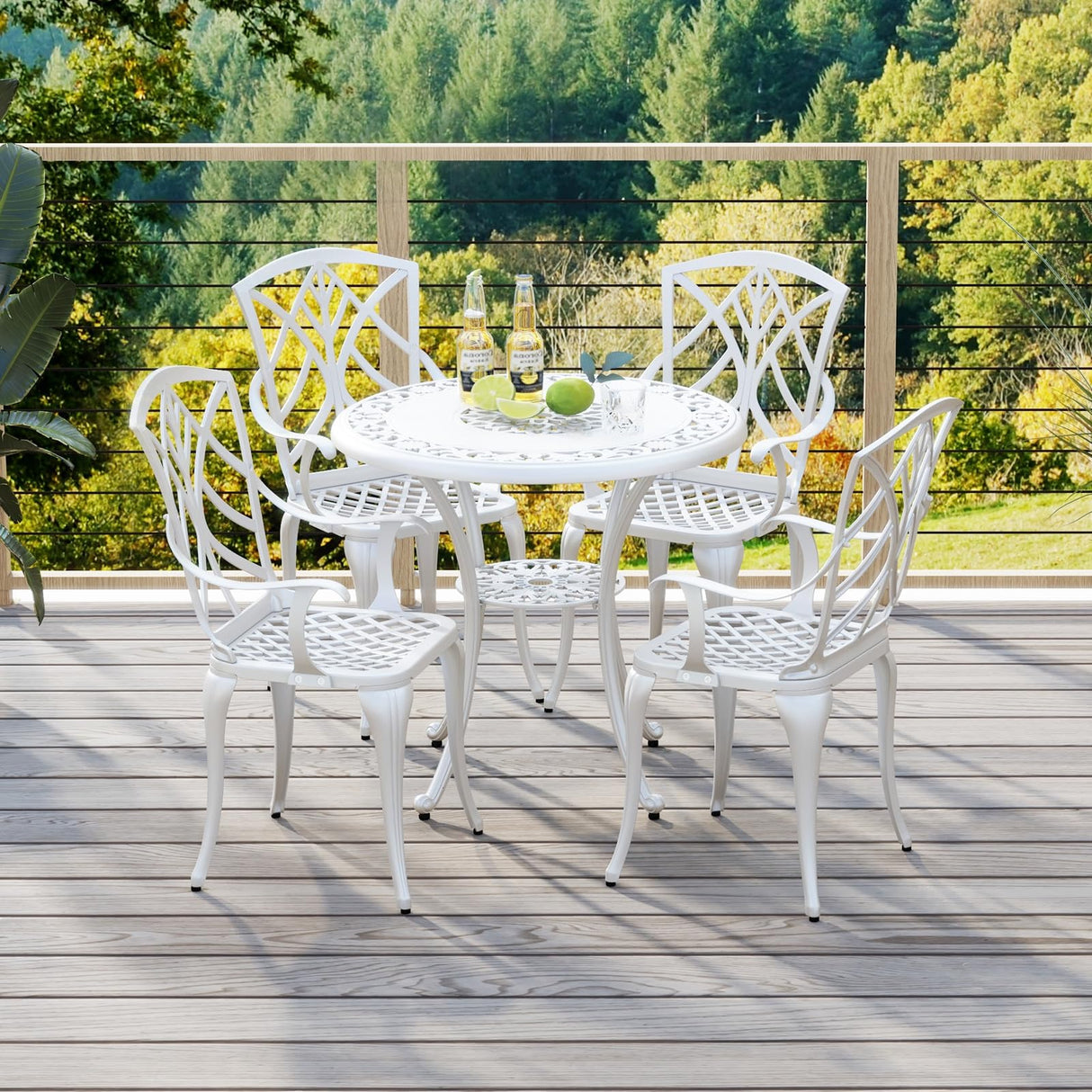 Tangkula 5 Pieces Cast Aluminum Outdoor Dining Set, Round Dining Table with 2” Umbrella Hole & 4 Armchairs, All-Weather Outdoor Furniture Set for Patio, Balcony, Garden & Backyard, White Tangkula