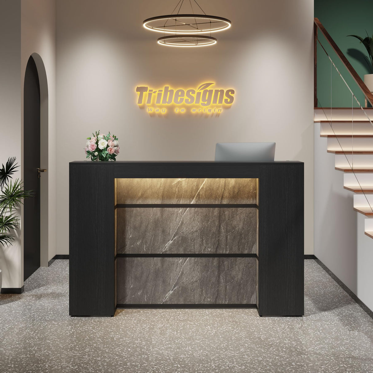 Tribesigns Modern Reception Desk with LED Lights, 63-Inch Front Counter Table for Reception Room, Lobby, Beauty Salon, Retail, Large Checkout Counter for Store Shop Clinic Office (Black&Grey) Tribesigns