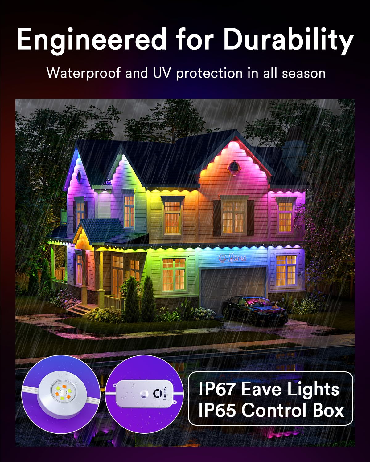 Lumary Permanent Outdoor Lights Pro 158ft for House, 120LED 50lm RGBAICW Smart Eave Lights, IP67 Waterproof, Multi Scenes for Daily and Holiday Accent Lighting Decor, Work with Alexa, Google, Remote Lumary
