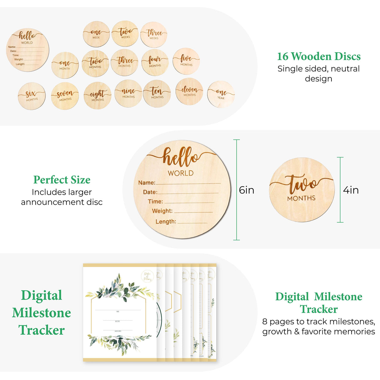 DECLAN & DELANEY Monthly Baby Milestone Cards | 16 Wooden Milestone Discs, Includes Boy/Girl Birth Announcement Sign | Baby Monthly Milestone Props Declan & Delaney