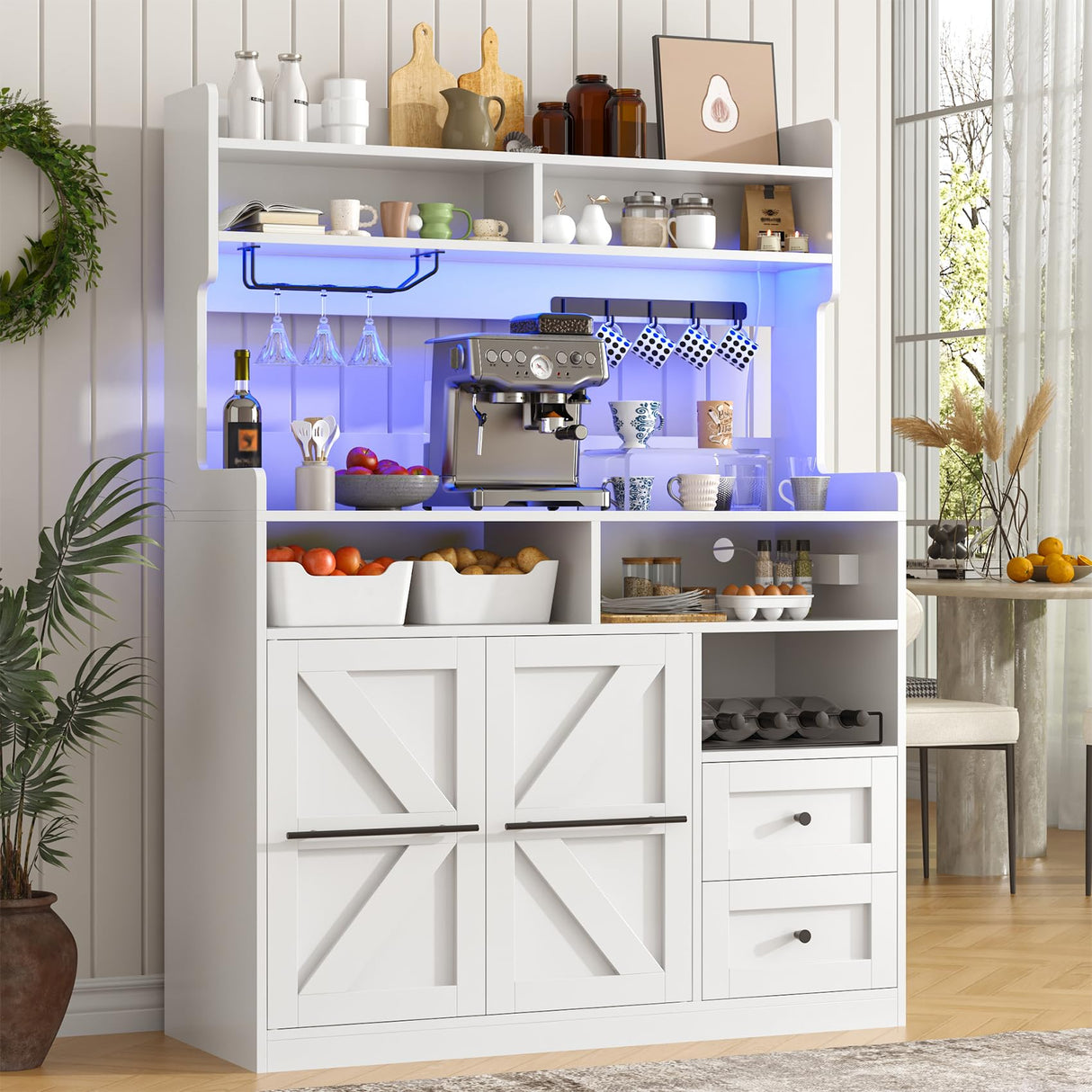 VVFLU Hutch Storage Buffet Cabinet with Drawers, and Charging Station, Coffee Bar Cabinet with Barn Doors, Wine Rack and Hooks, White Wood Sideboard Buffet for Kitchen, Dining Room, 54.5" High VVFLU