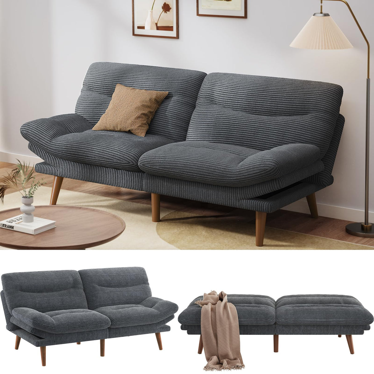 PERLECARE Convertible Futon Sofa Bed, Corduroy Futon Couch with Adjustable Backrest and Armrests, 3-in-1Recliner Sleeper Sofa for Small Spaces, Play Room or Office(Grey,66 in) PERLECARE