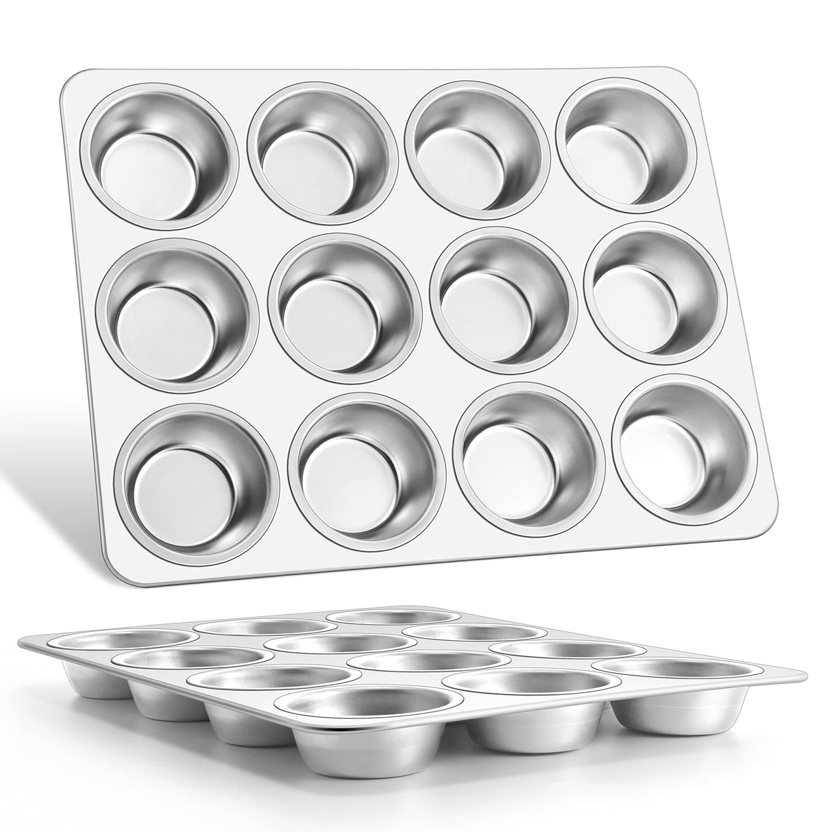 E-far Muffin Pan 12-Cup, Set of 2, Stainless Steel Cupcake Pan Metal Muffin Baking Tins for Oven, Regular Size & Easy Clean, Non-toxic & Dishwasher Safe-2 Pack E-far
