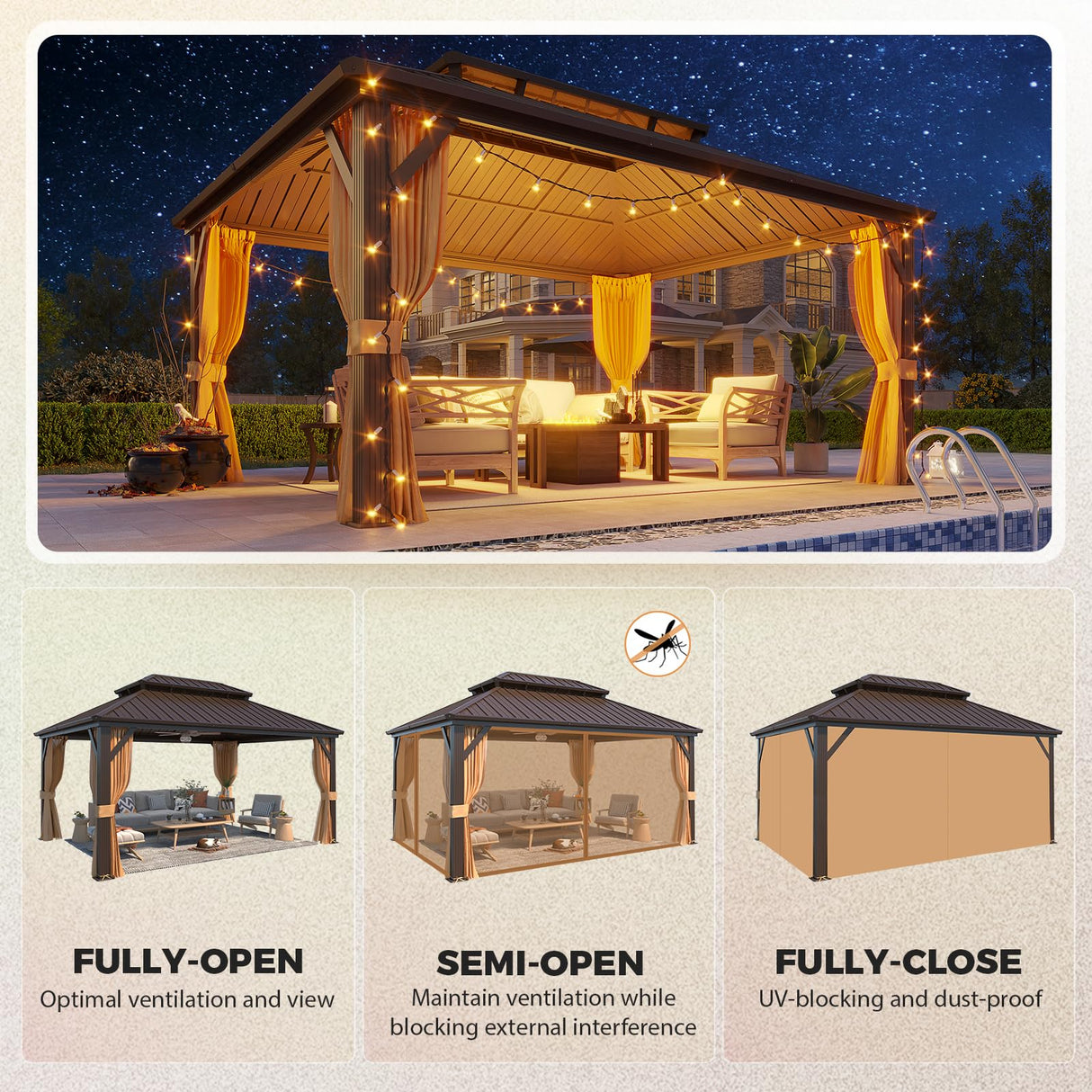 YOLENY 12' x 16' Gazebo Hardtop with Aluminum Frame,Galvanized Steel Double Roof Gazebos with Curtain and Netting,Outdoor Metal Pergolas for Garden, Lawn, Deck, Brown YOLENY