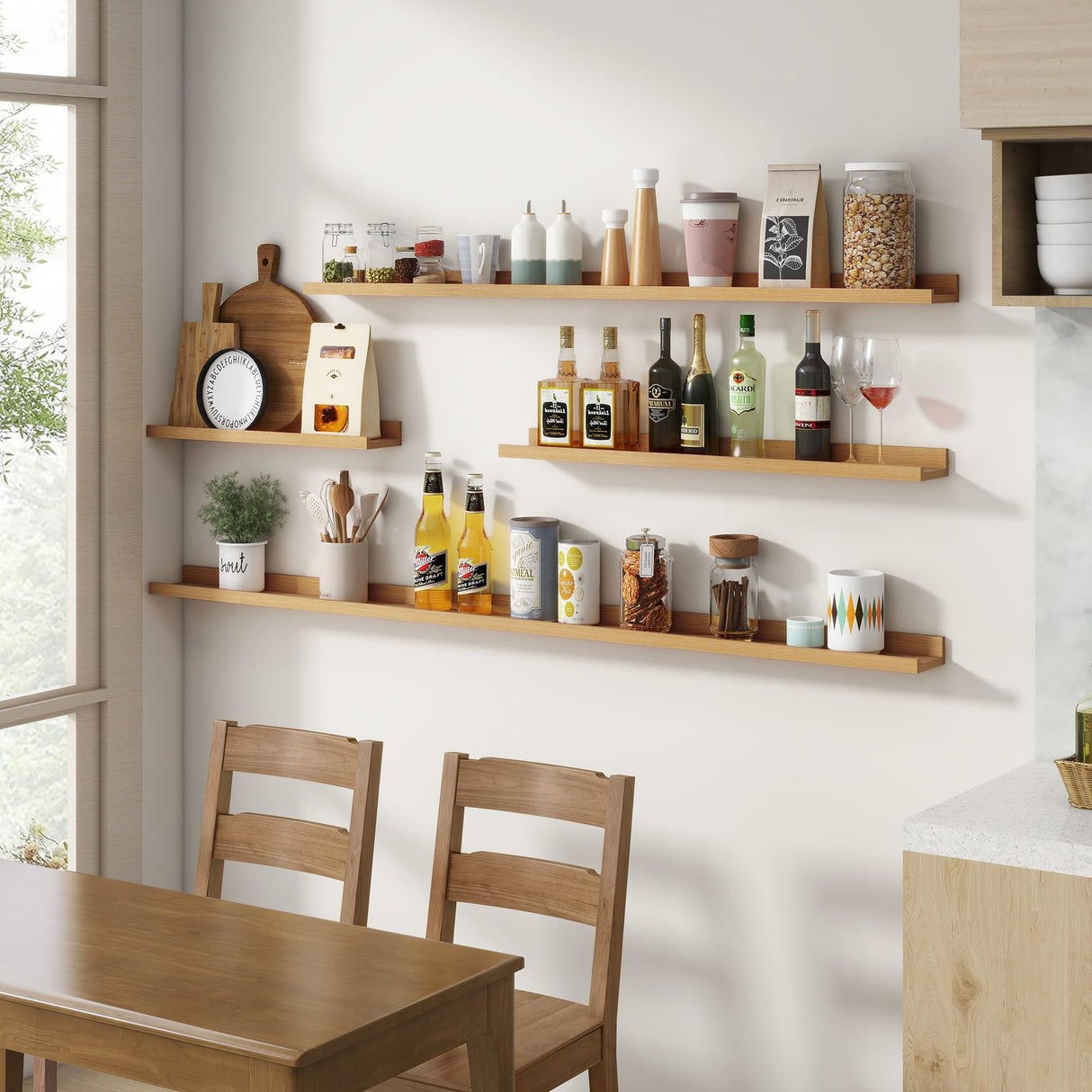 FLYJOE Natural Oak Picture Ledge Shelves Set of 2 - 72 Inch Wall Mounted Display for Books, Photos, and Toys FLYJOE