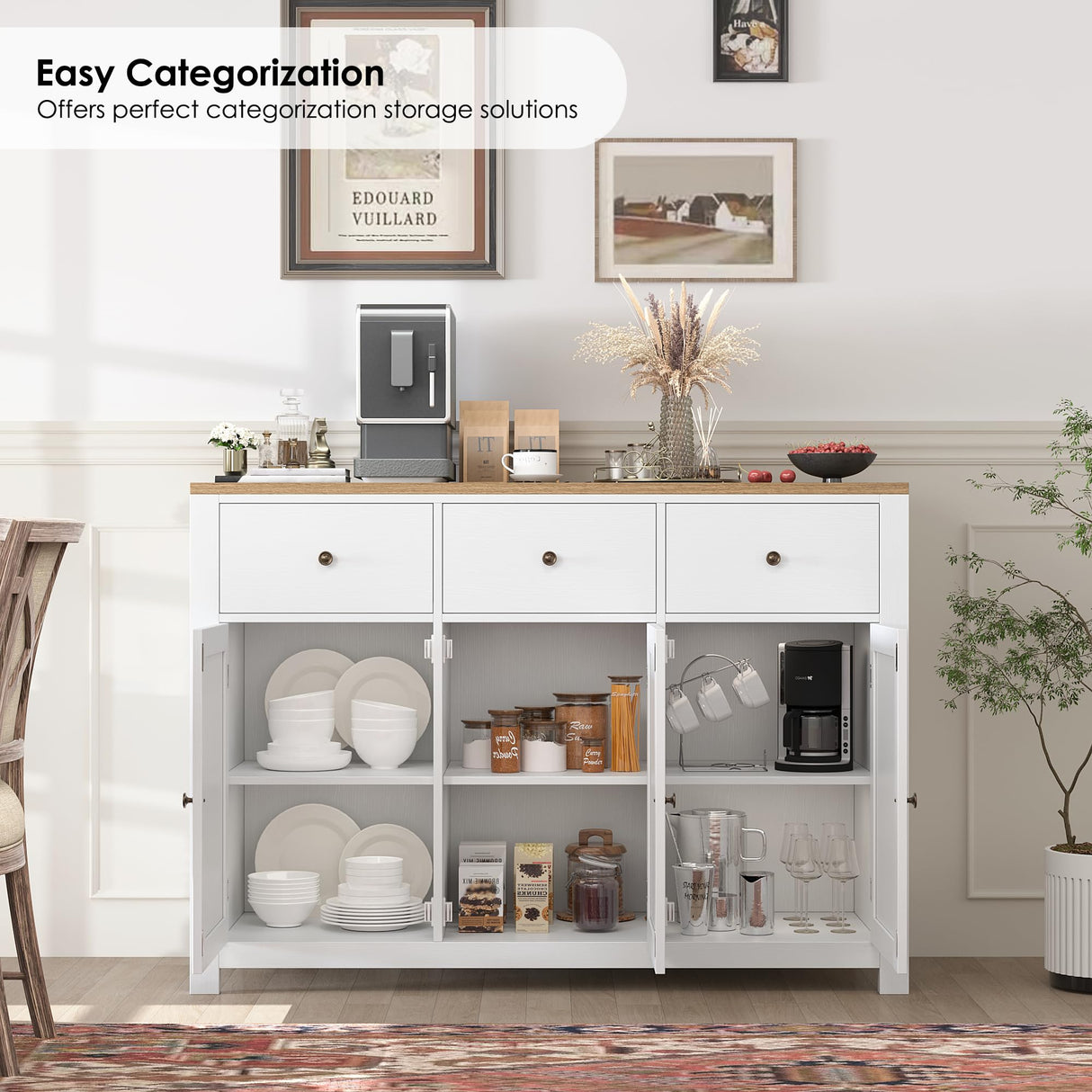 finetones Buffet Cabinet with Storage, 47.3” Farmhouse Sideboard Buffet Cabinet, White Kitchen Cabinet Display Cabinet with 3 Drawers and 3 Doors, Wood Coffee Bar Cabinet for Kitchen Dining Room finetones