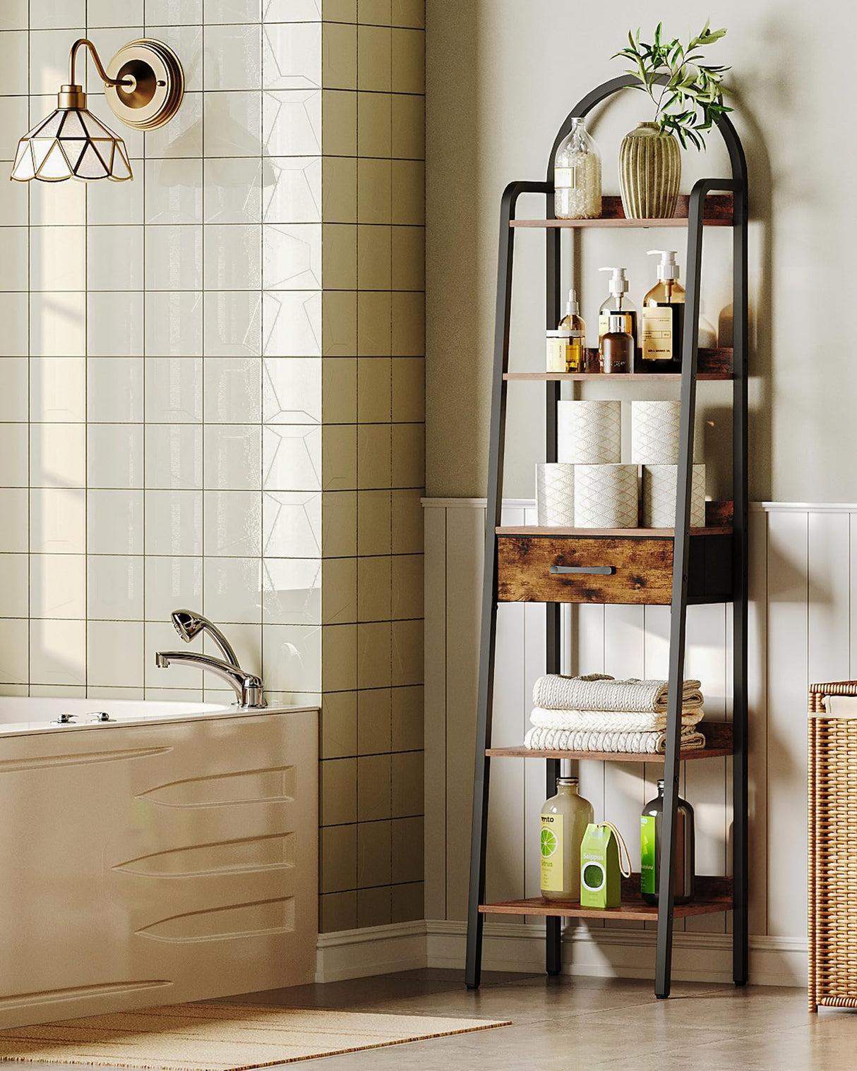 CHOEZON 5 Tier Ladder Shelf with Drawer, Tall Narrow Bookshelf with Storage, Industrial Ladder Bookshelf, Tall Corner Shelves for Living Room, Bedroom, Balcony, Rustic Brown and Black TCJ07BF CHOEZON