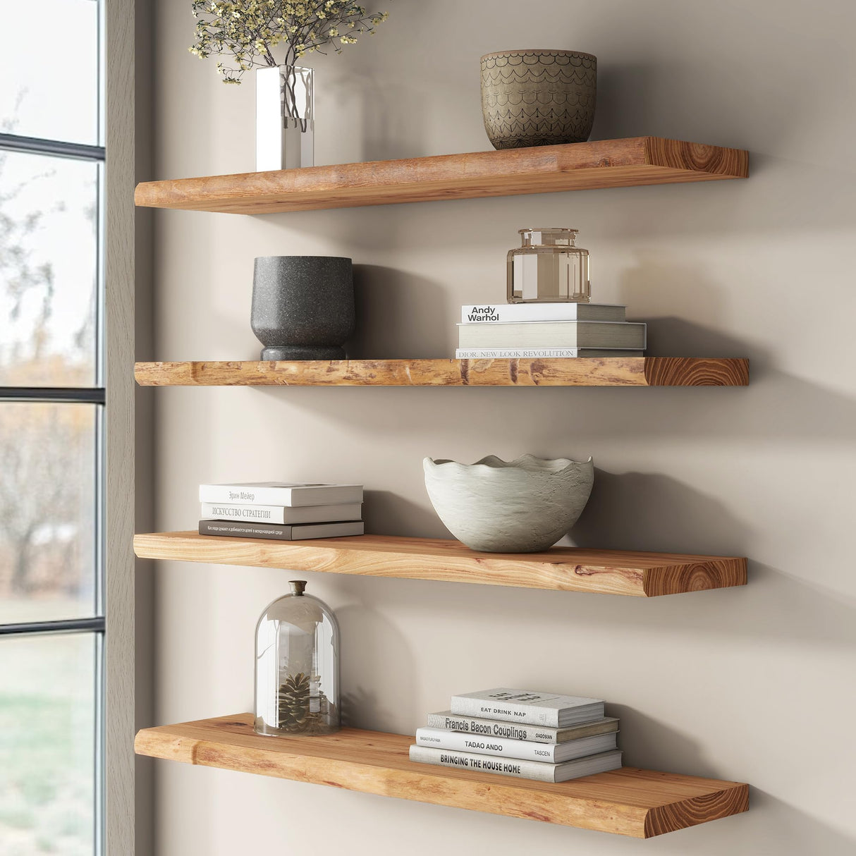 Rustic Elm Wood Floating Shelf for Wall, Live Edge 48"W x 9.3"D x 1.5"H, 1 Pack with Invisible Bracket, Large Wall Mounted Storage Shelf for Living Room Bedroom Kitchen Bathroom Decor, Natural Venusmiles