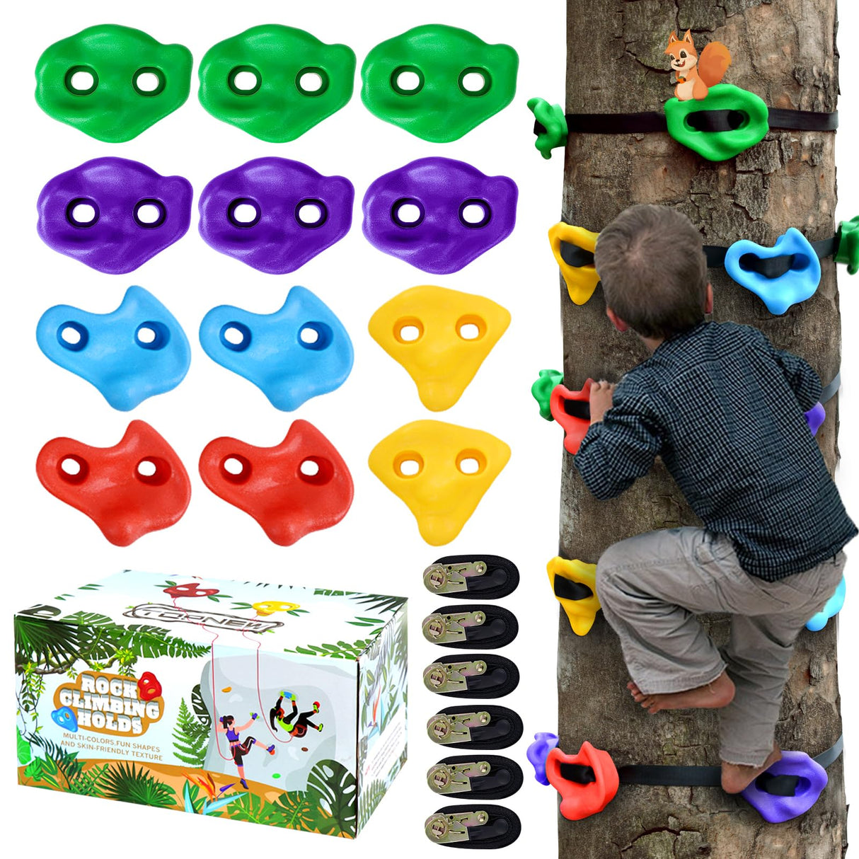 TOPNEW 12 Ninja Tree Climbing Holds for Kids Climber, Adult Climbing Rocks with 6 Ratchet Straps for Outdoor Ninja Warrior Obstacle Course Training TOPNEW