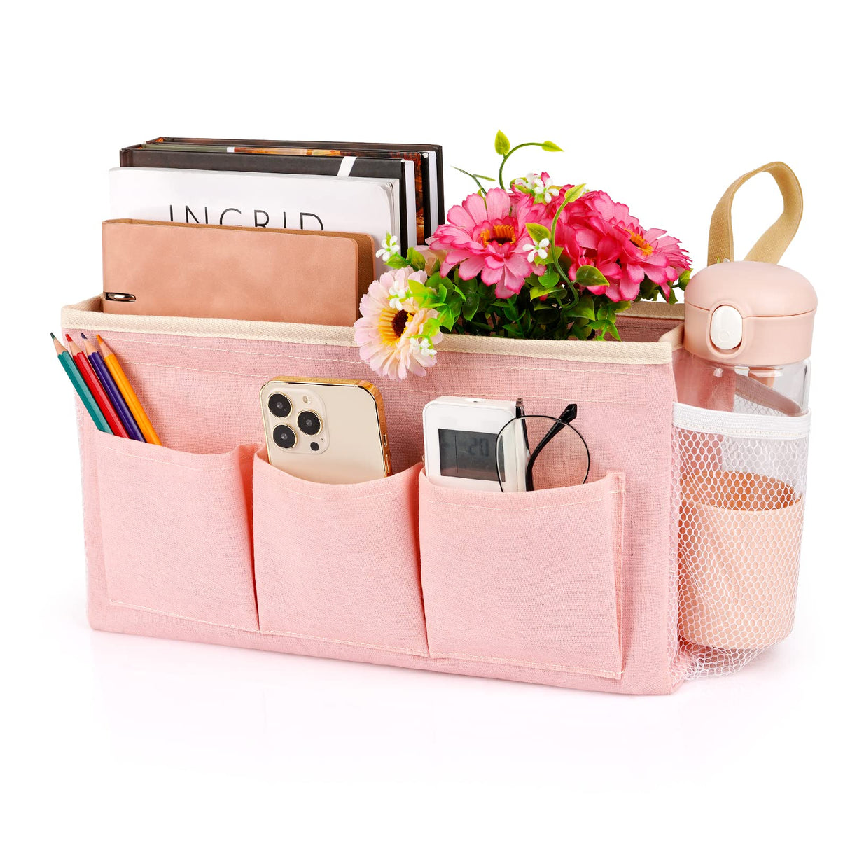 Lilithye Bedside Caddy Bedside Organizer Bedside Storage Caddy with Fixed Straps and Water Bottle Holder for Home College Dorm Bunk Bed Hospital Bed Crib Bed Rails (Pink) Lilithye