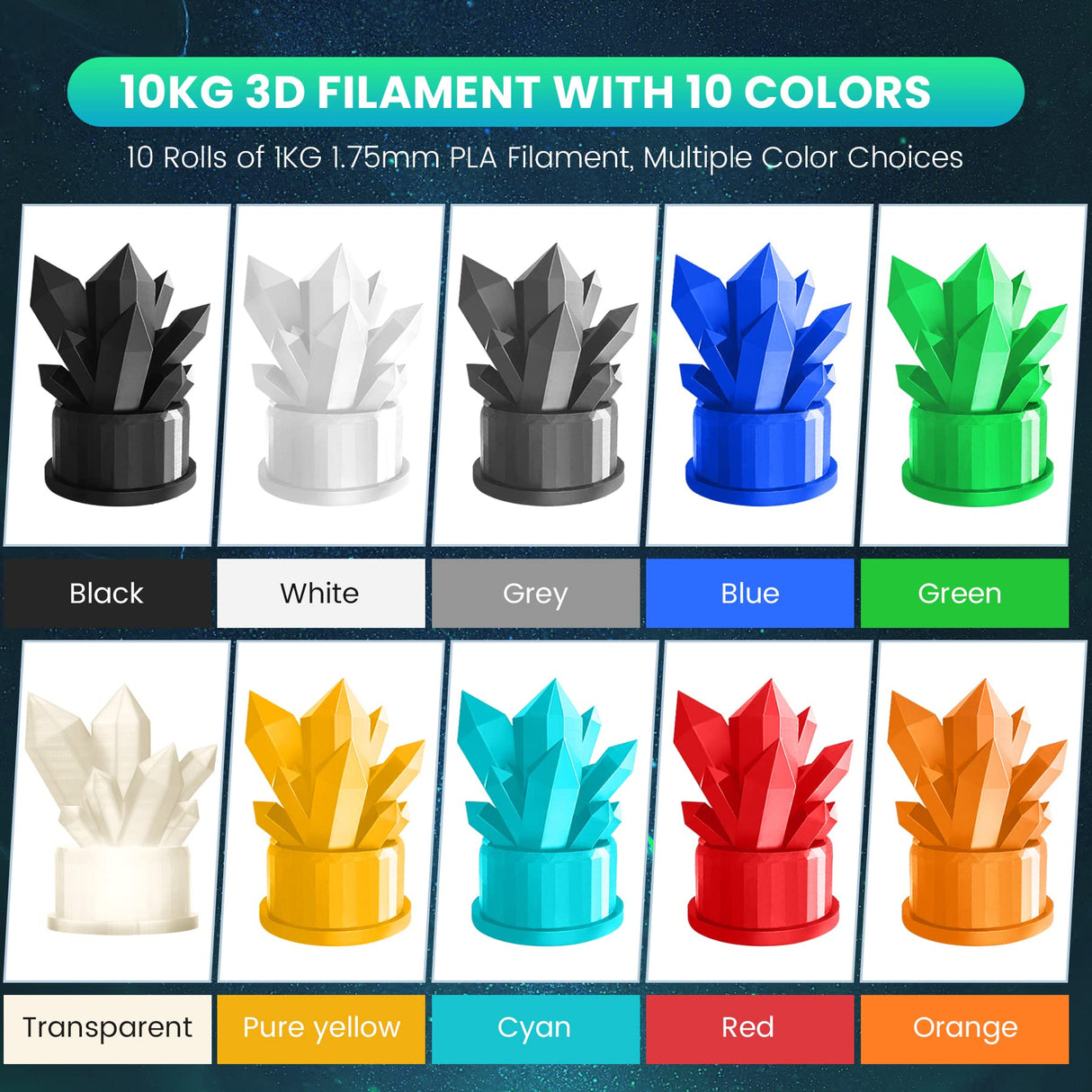 SUNLU 10KG PLA Filament Bundle 1.75mm, 3D Printer Filament, Dimensional Accuracy +/- 0.02 mm,1kg Spool, 10 Rolls, Black+White+Grey+Transparent+Blue+Green+Orange+Red+Pureyellow+Cyan SUNLU