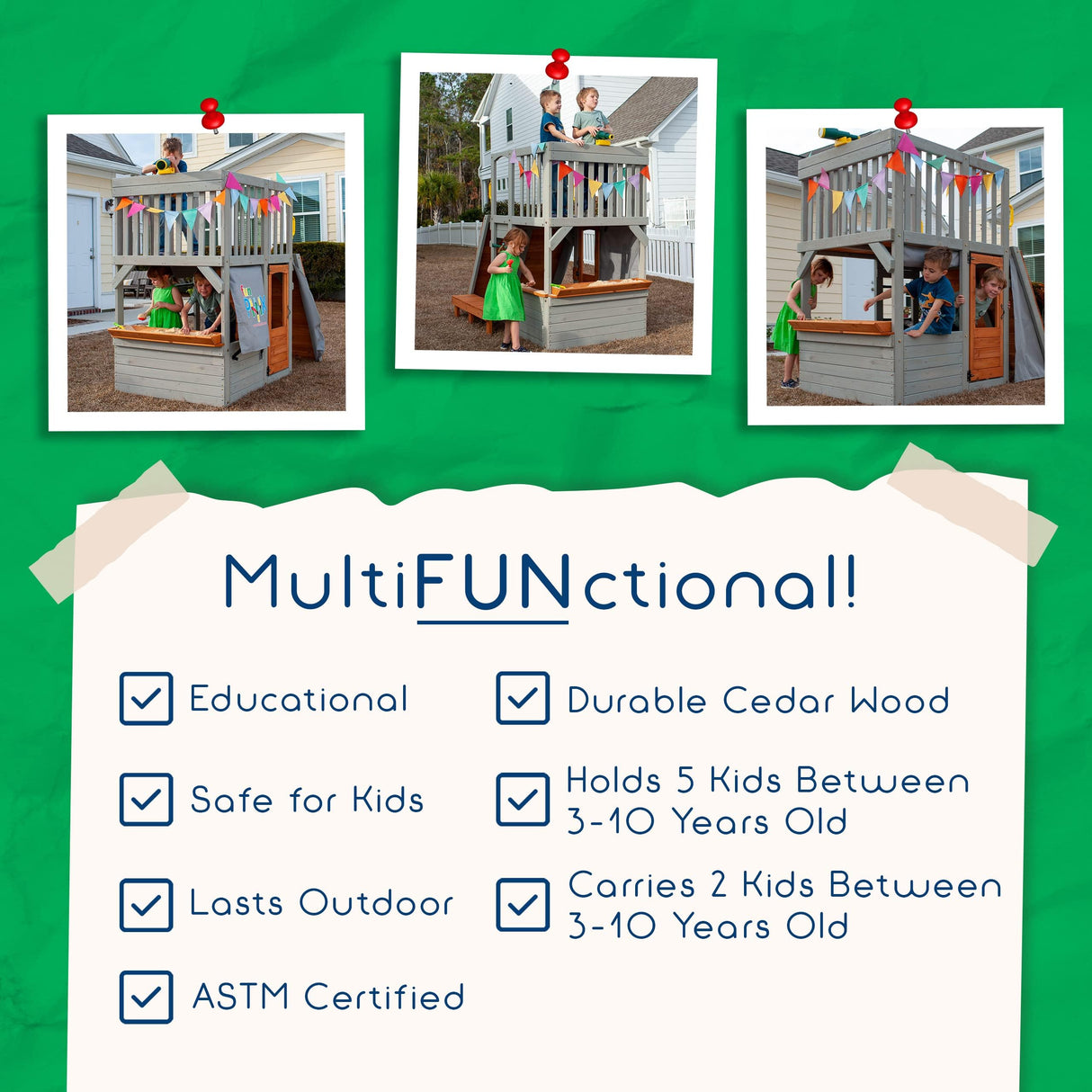 Funphix Large Playhouse for Kids Outdoor Wooden Playhouse with Sandbox, Bench, Play Telescope, Ladder, Climbing Ramp & Doors - Durable 2 Levels Lookout Post Outdoor Playset for Backyard Funphix