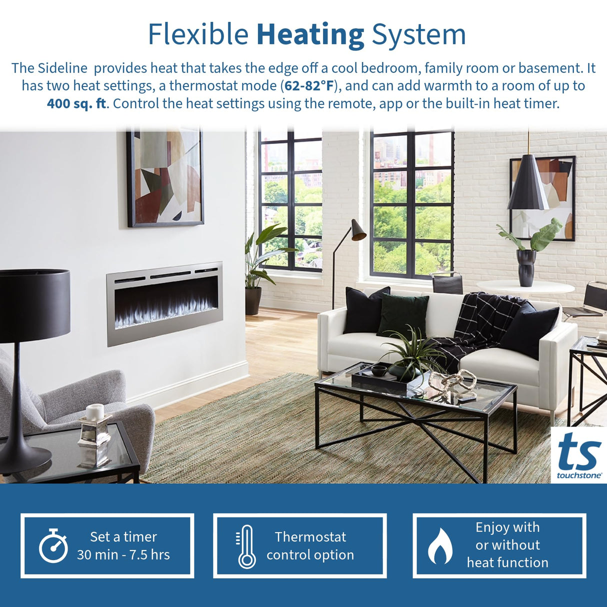 Touchstone Sideline Deluxe -Stainless Steel Smart Electric Fireplace- 50" Wide- Alexa/WiFi-Enabled- in Wall Recessed- 5 Flame Settings- 9 Flame Colors- 1,500W Heater- Log & Crystal Options- 86273 Touchstone