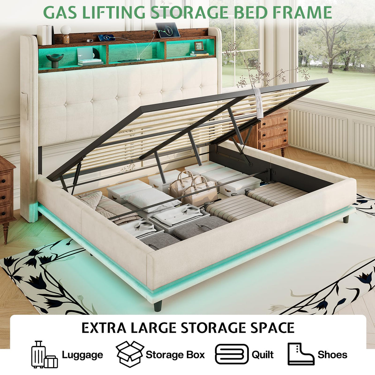 Jocisland Queen Size Bed Frame with Hydraulic Lift Up Storage, 53.1" H Built-in Bookcase & RGB LED Headboard, Velvet Upholstered Wingback Design, No Box Spring Needed, Cream Jocisland