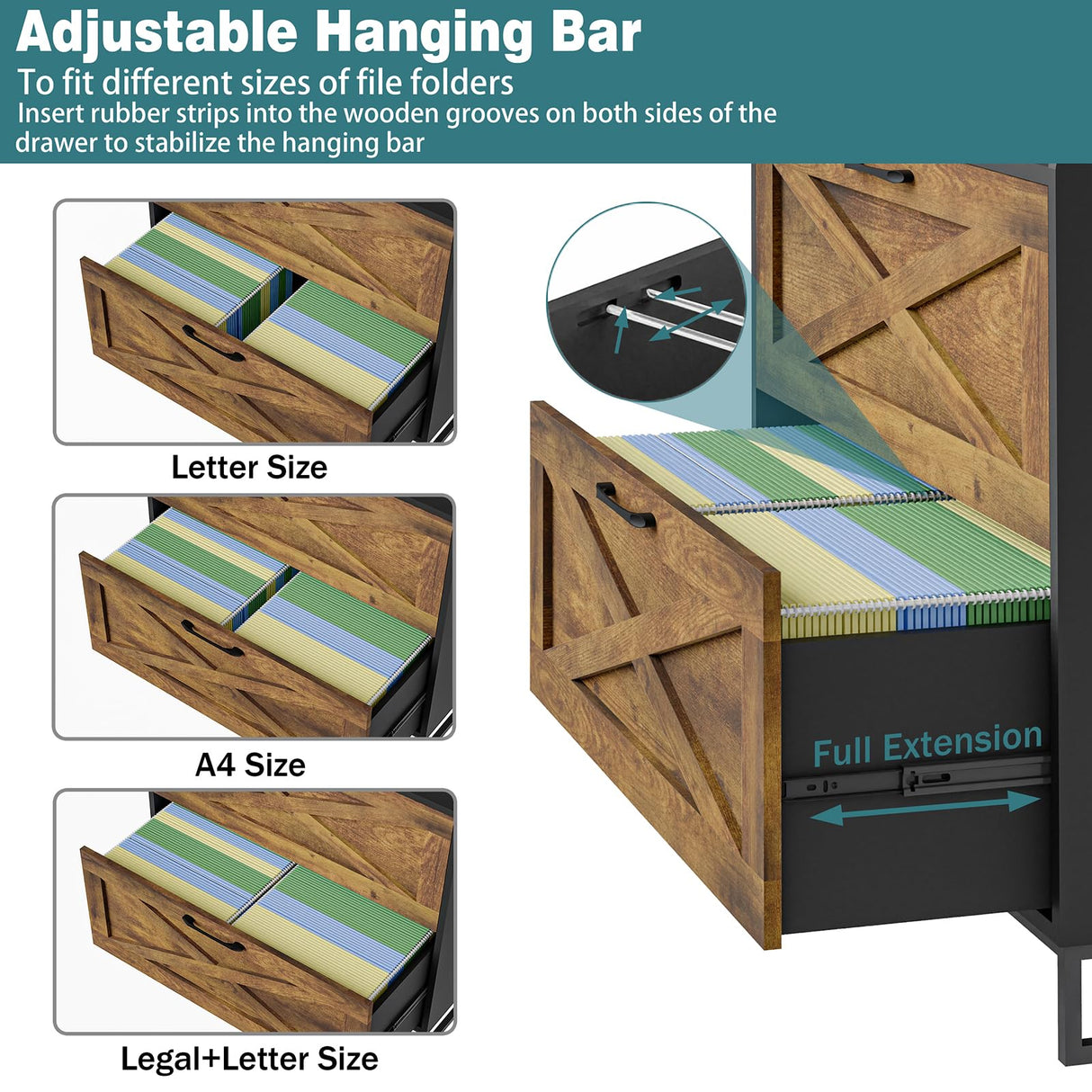 Lateral File Cabinet 2 Drawer File Cabinet with Charging Station, Modern Farmhouse Large Wood Home Office Furniture for Legal/Letter/A4 Size Hanging Files, Rustic Brown and Black Vabches