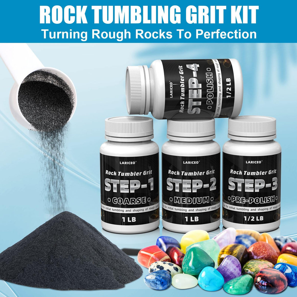 3LB Rock Tumbler Grit and Polish Refill Set, 4-Step Professional Polish Rock Tumbler Grit to Unlock Stunning Polished Stones. Ideal for National Geographic, KomeStone, and Other Polishers and Tumblers LARICEO