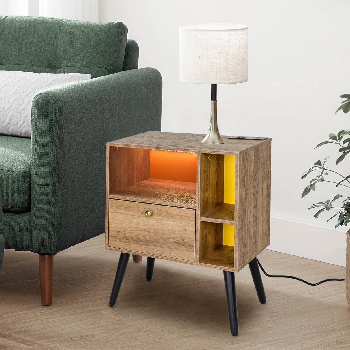 VIWODS Nightstand with Charging Station and LED Lights, Bedside Table with Solid Wood Legs for Bedroom, Oak and Yellow VIWODS