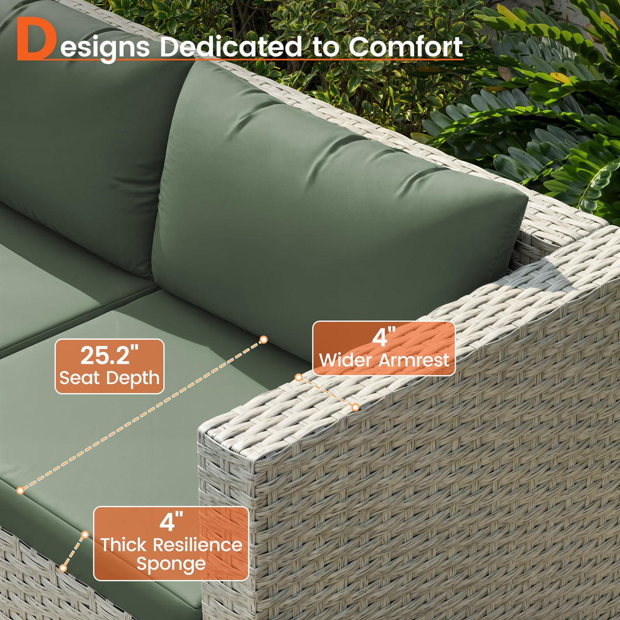 VONZOY Patio Furniture Set, 7-Piece Outdoor Sectional All-Weather Wicker Patio Conversation Set for Backyard (Green Cushions with Grey Rattan) VONZOY