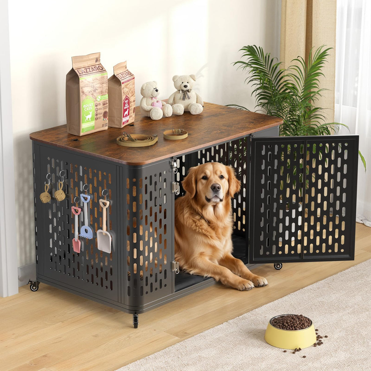 ONBRILL Dog Crate Furniture for Large and Medium Dogs, 43.7 Inch Dog Crate with Cushion & Wheels, Decorative End Table Pet House for Large/Medium/Small Dog, Rustic Brown ONBRILL
