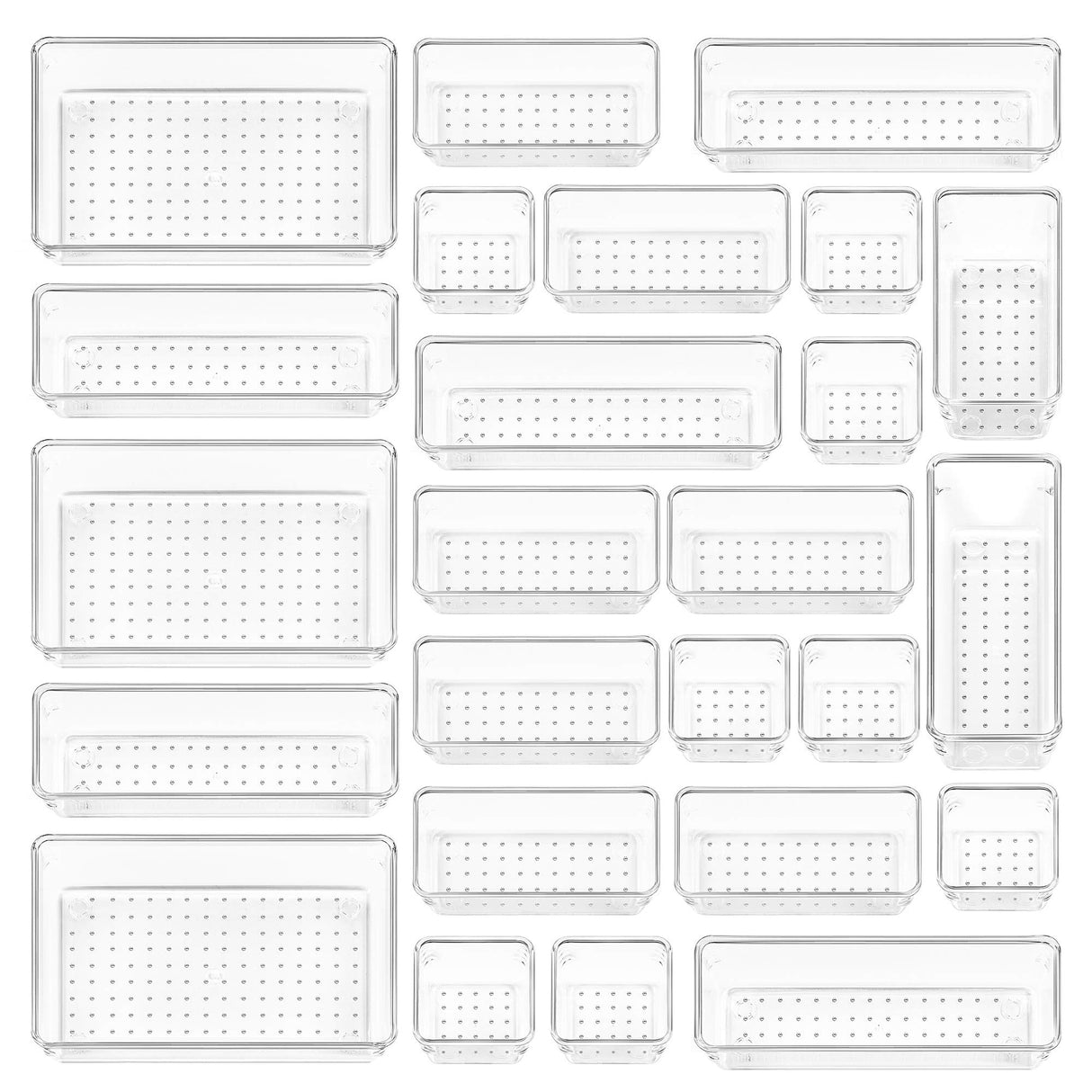 Vtopmart 25 PCS Clear Plastic Drawer Organizers Set, 4-Size Versatile Bathroom and Vanity Drawer Organizer Trays, Storage Bins for Makeup, Bedroom, Kitchen Gadgets Utensils and Office Vtopmart