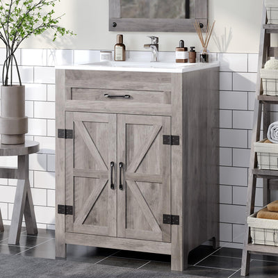 VINGLI 24" Farmhouse Bathroom Vanity with Sink, Undermount Vanity Sink Cabinet with Barn Door &Shelf,Free Standing Small Bathroom Storage Cabinet with Single Hole Ceramic Basin Combo Set,Washed Gray