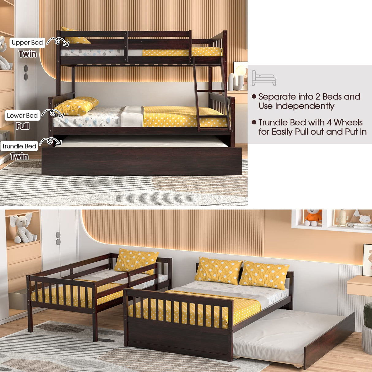 Giantex Twin Over Full Bunk Bed with Trundle, Convertible Platform Bed Frame with Ladder, Solid Wood Frame & Safety Guardrails, Space-Saving Bunk Bed for Teens & Kids, No Box Spring Needed, Espresso Giantex