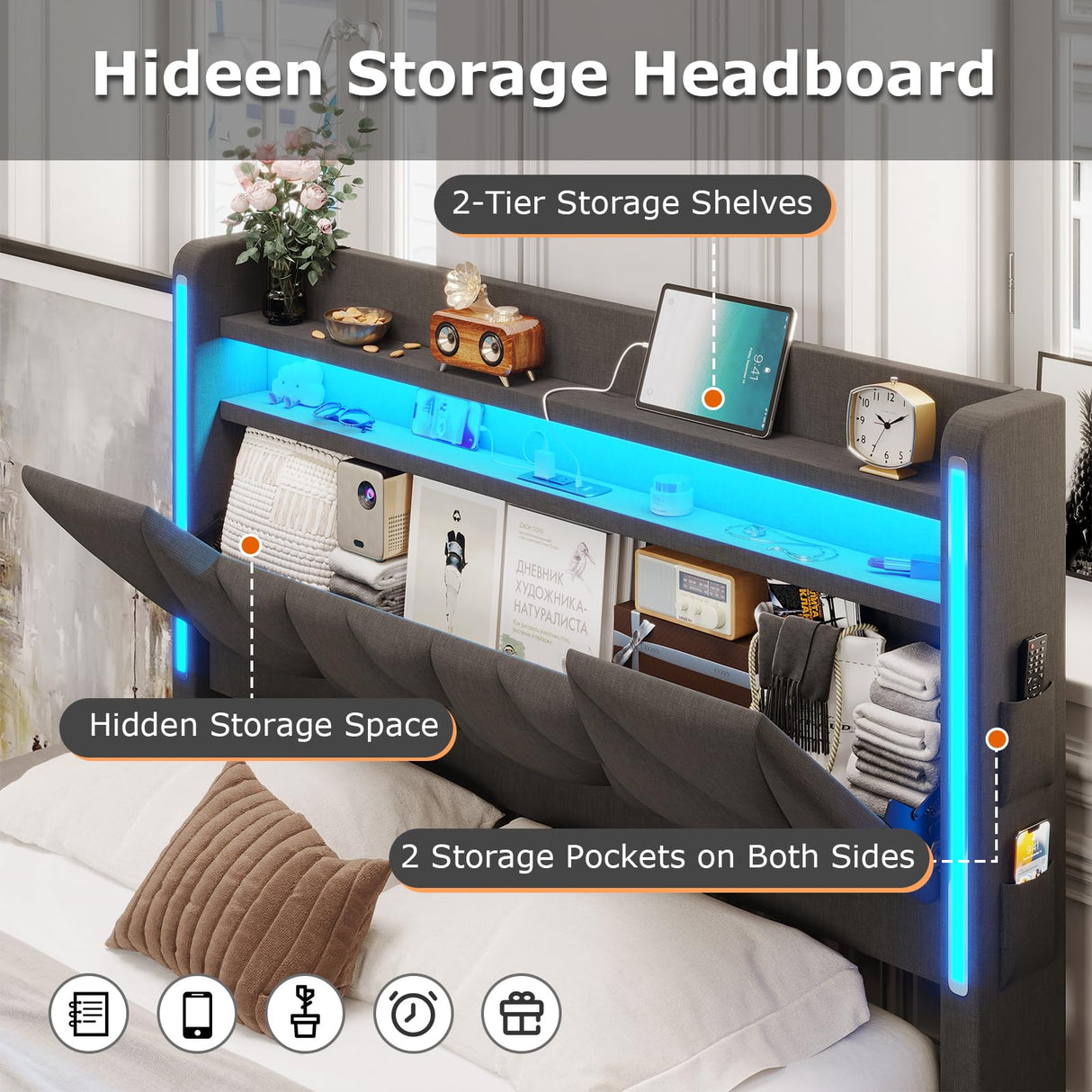 busyaeh Queen Bed Frame with Storage Headboard, Metal Bed Frame with LED Lights & Charging Station, Upholstered Queen Bed with Marshmallow Headboard, No Box Spring Needed, Easy Assembly,Dark Gray busyaeh