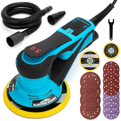 Autolock Electric Random Orbital Sander, 350W brushless motor with 5&6-inch pads, 4000-10000RPM Electric Palm Sander for Woodworking, Sanding and Polishing (Blue)
