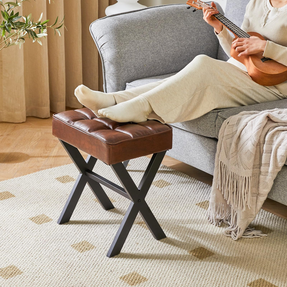 IBUYKE Square Makeup Stool with X-Leg Foot Rest, PU Footrest Stool, Ottoman Seat Vanity Stool, Multi-Use as Small Side Table, for Bedroom, Living Room, Dark Brown LG-71Z IBUYKE