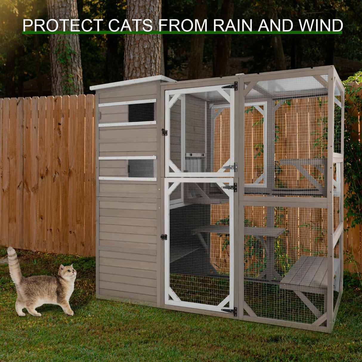 PetsCosset Cat Enclosure Outdoor, Large Catio Cat House Weatherproof Attached to Window for Multi Cats, Asphalt and UV Protection Roofs, Multi Platforms-Combinable-71 H 77L PetsCosset
