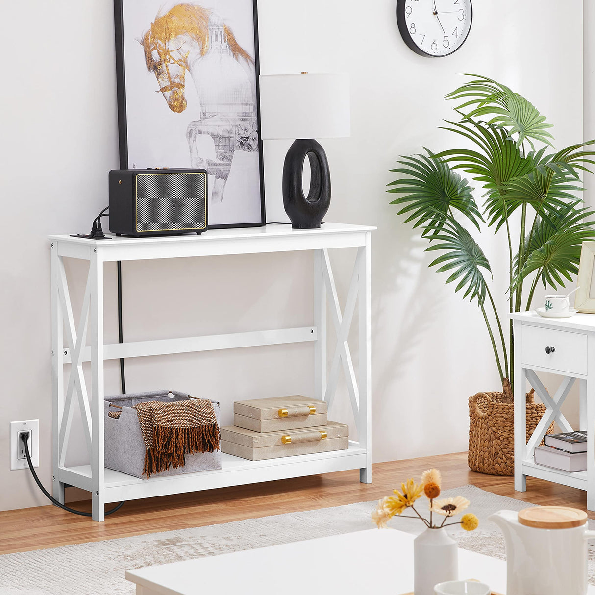 Yaheetech Console Table with Power Outlets, 40 Inches Entryway Table with Charging Station, Wood Sofa Table with Storage Shelves, Side Table, for Hallway, Bedroom, Living Room, Foyer, White Yaheetech