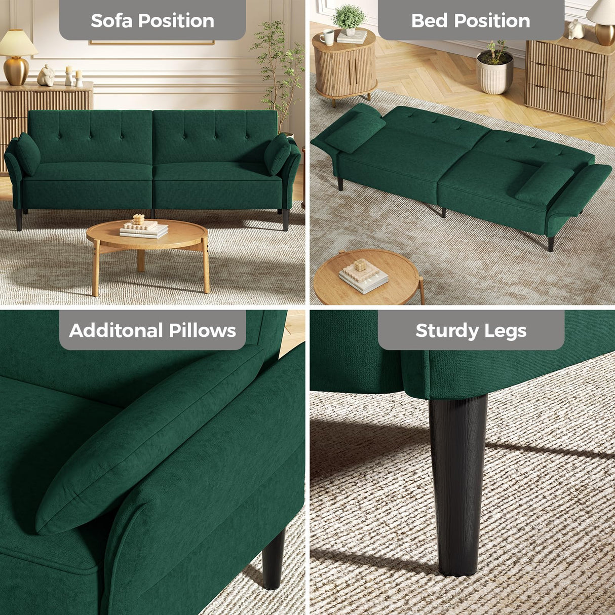 COPIAE 89” Futon Sofa Bed, Velvet Fabric Comfy Futon Couch Bed with 2 Square Pillows, Convertible Sleeper Sofa with Adjustable Backrest& Armrests, Modern Loveseat Sleeper for Living Room, Bedroom COPIAE