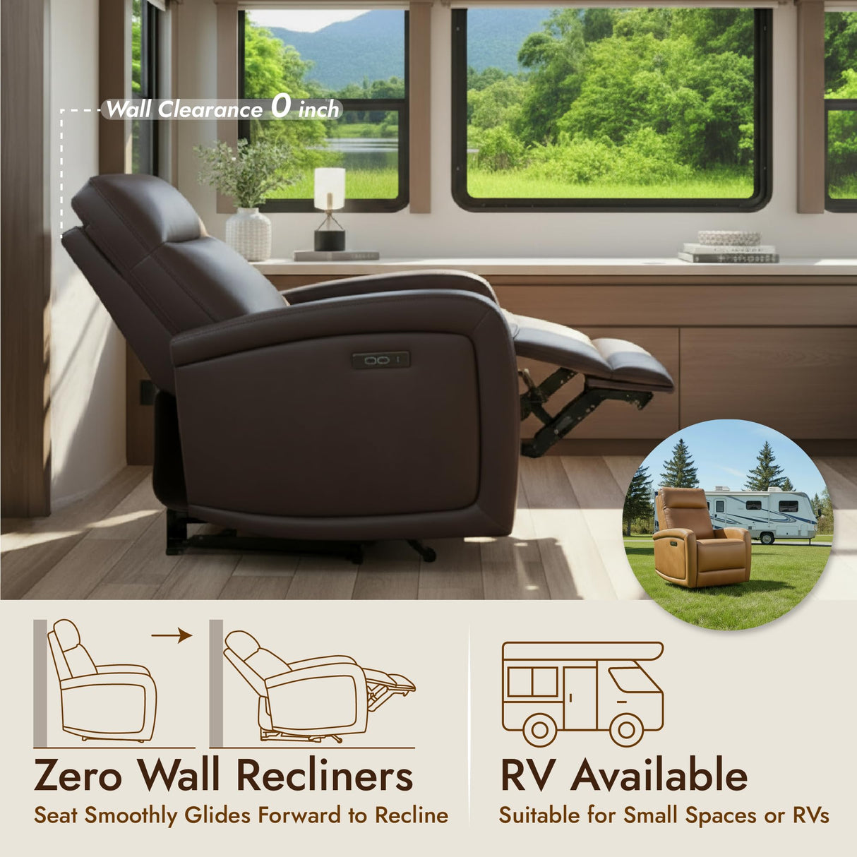 Watson & Whitely Recliner Chair, Zero Wall Reclining Sofa Chair W Power Headrest Type-C Charger, Small Faux Leather RV Recliners Home Theater Seating for Living Room, Chocolate Watson & Whitely