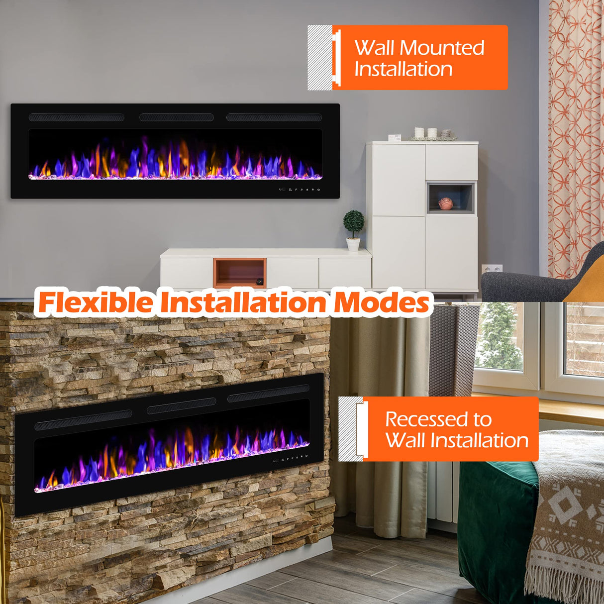 BETELNUT 68" Electric Fireplace Wall Mounted and Recessed with Remote Control, 750/1500W Ultra-Thin Wall Fireplace Heater W/Timer Adjustable Flame Color and Brightness, Log Set & Crystal Options BETELNUT